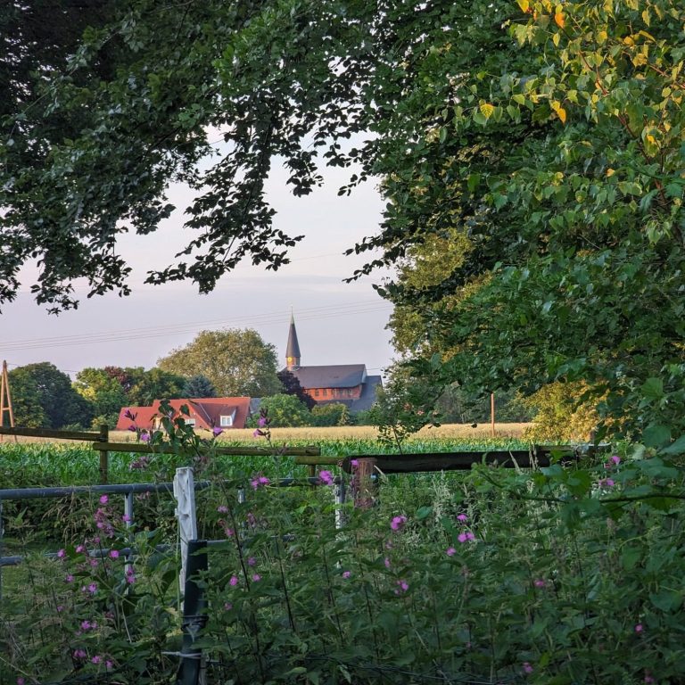 Bild mit einem idyllischen Ausblick über die untere Wöste zur Kirche St. Rochus.