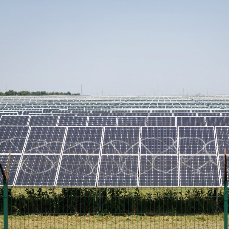 Bild einer großflächigen Solarindustrieanlage. Im Vordergrund ein Sicherheitszaun mit Stacheldrahtkrone.